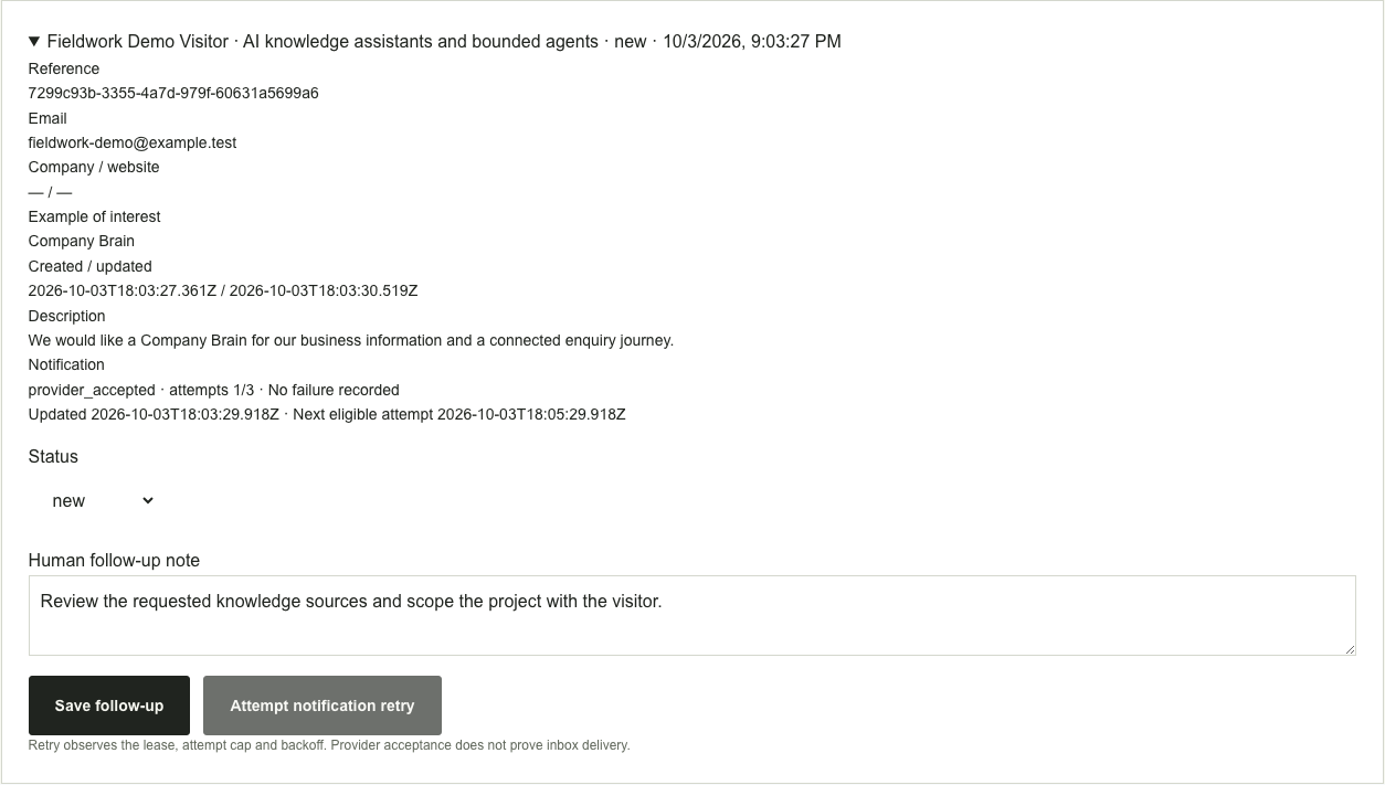 Company project enquiry staff view with a demo request, Company Brain interest and manual follow-up controls